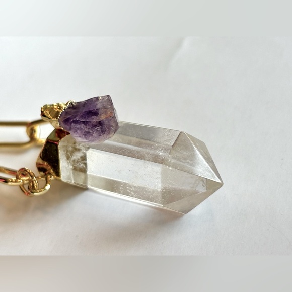 SALE 24k Gold Filled Quartz Point with Amethyst Necklace 19 inches - Picture 4 of 7